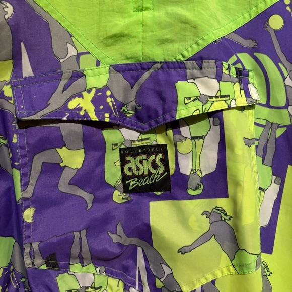 80s Vintage Asics Volleyball Retro Windbreaker Neon Green Purple Large - Picture 2 of 14